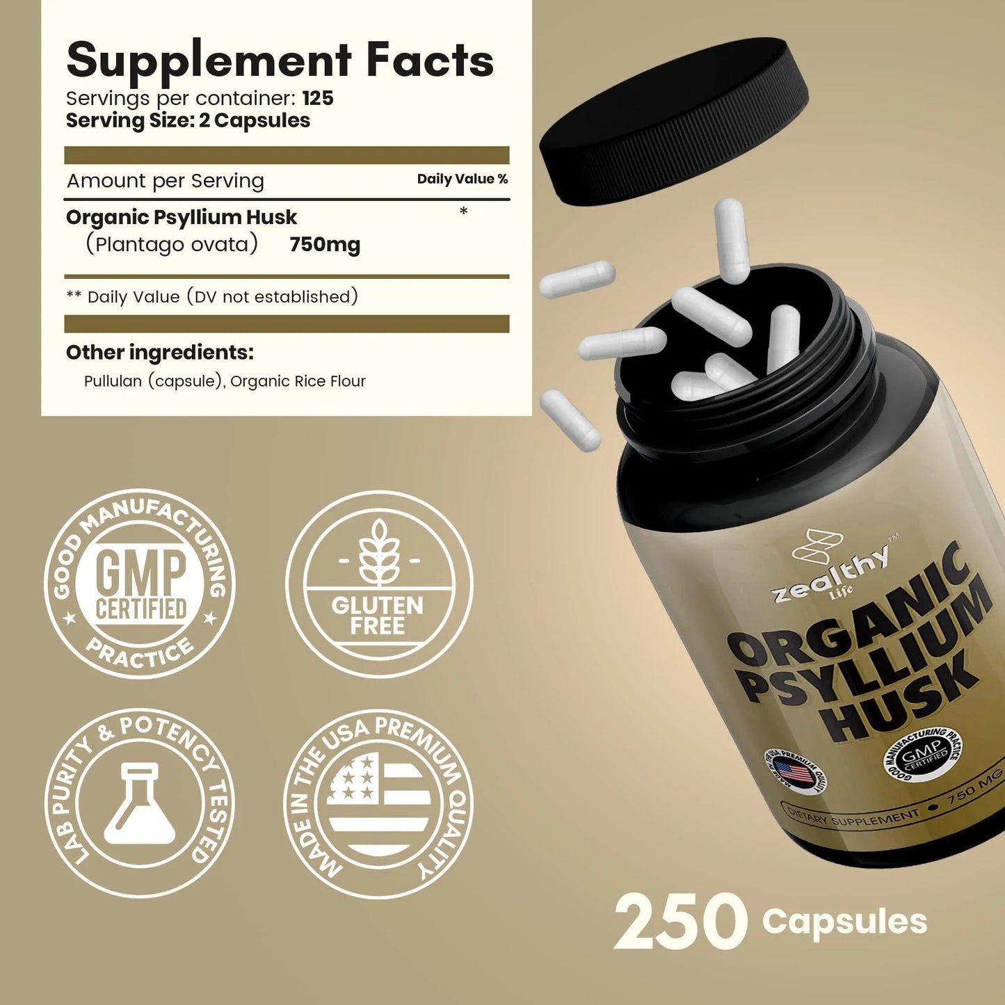 Psyllium Husk Capsules All Natural Fiber Supplement 750 Mg 250 Capsules Vegan