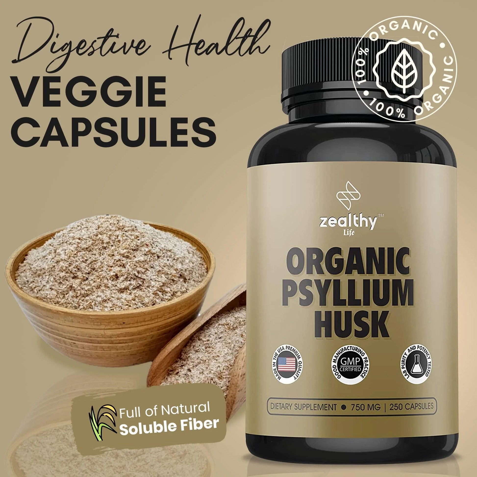 Psyllium Husk Capsules All Natural Fiber Supplement 750 Mg 250 Capsules Vegan