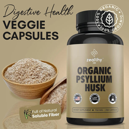 Psyllium Husk Capsules All Natural Fiber Supplement 750 Mg 250 Capsules Vegan