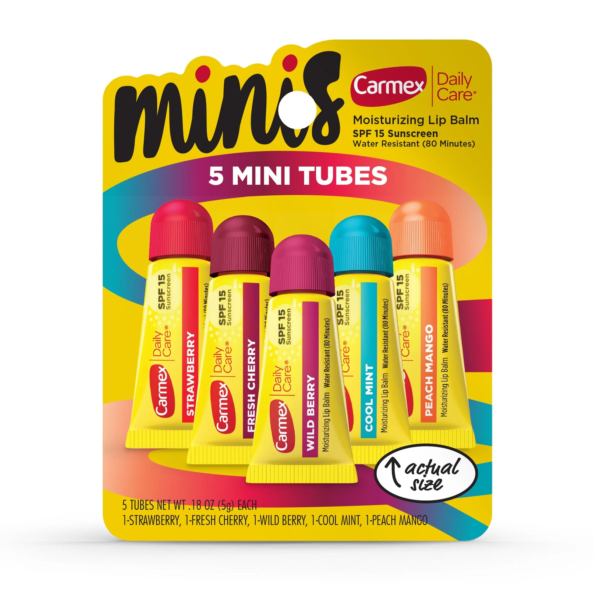 Daily Care Minis Moisturizing Lip Balm Tubes with SPF 15, Strawberry, Cool Mint, Wild Berry, Peach Mango and Fresh Cherry Lip Balm Pack - 0.18 0Z Each, 5 Count