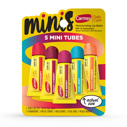 Daily Care Minis Moisturizing Lip Balm Tubes with SPF 15, Strawberry, Cool Mint, Wild Berry, Peach Mango and Fresh Cherry Lip Balm Pack - 0.18 0Z Each, 5 Count
