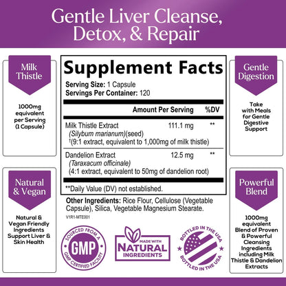 Milk Thistle & Dandelion Root Liver Cleanse Detox & Repair - 1000Mg Herbal Liver Support Supplement with Silymarin Marianum - Advanced Liver Health Support Formula for Detox & Repair - 120 Capsules