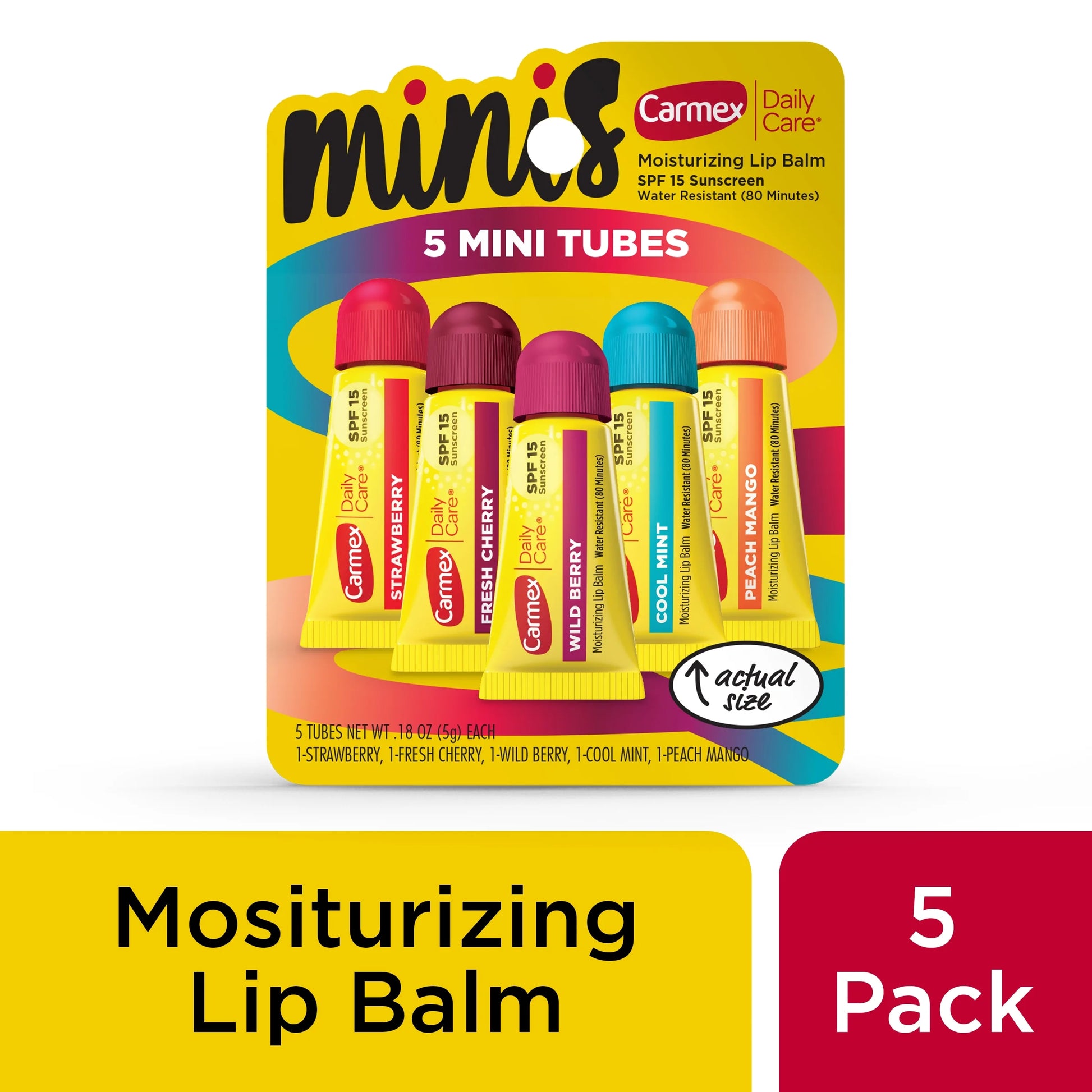 Daily Care Minis Moisturizing Lip Balm Tubes with SPF 15, Strawberry, Cool Mint, Wild Berry, Peach Mango and Fresh Cherry Lip Balm Pack - 0.18 0Z Each, 5 Count
