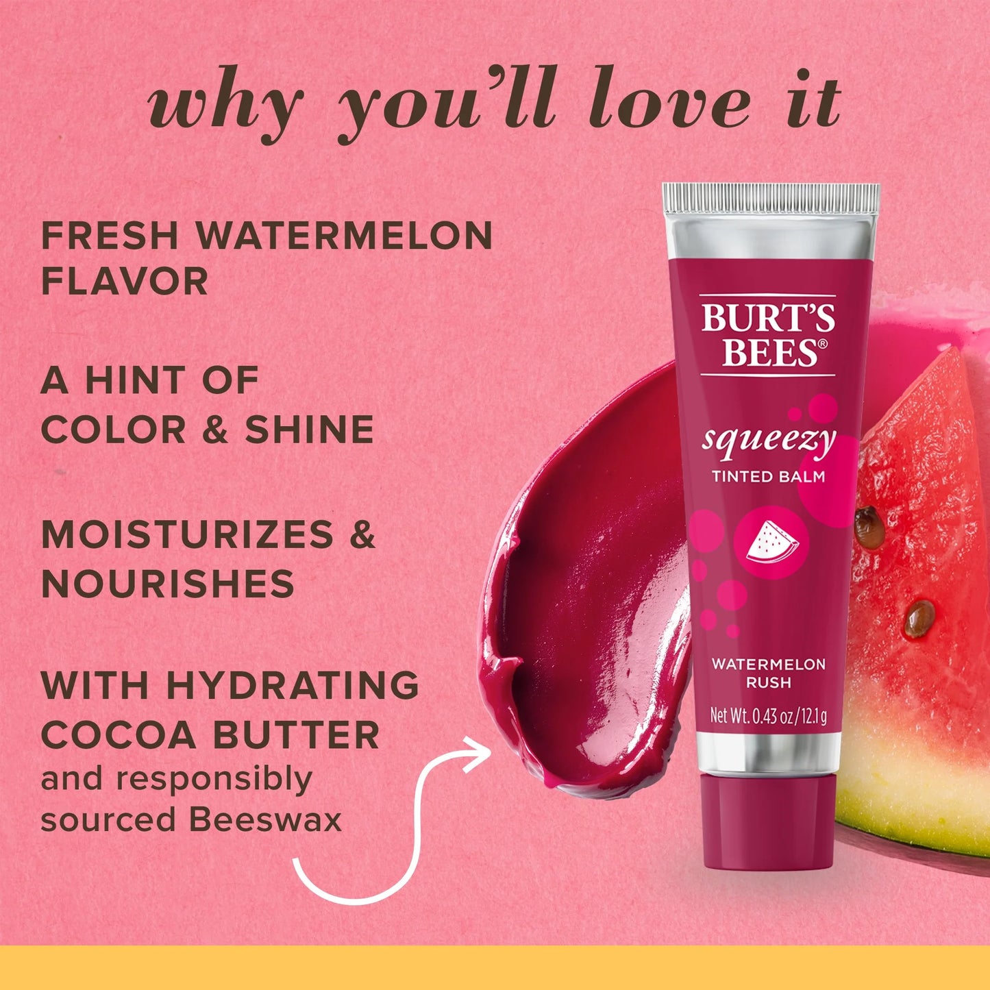 100% Natural Squeezy Tinted Lip Balm with Beeswax, Watermelon Rush, 1 Tube