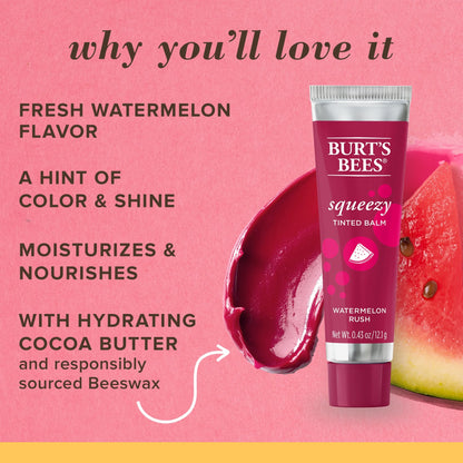 100% Natural Squeezy Tinted Lip Balm with Beeswax, Watermelon Rush, 1 Tube
