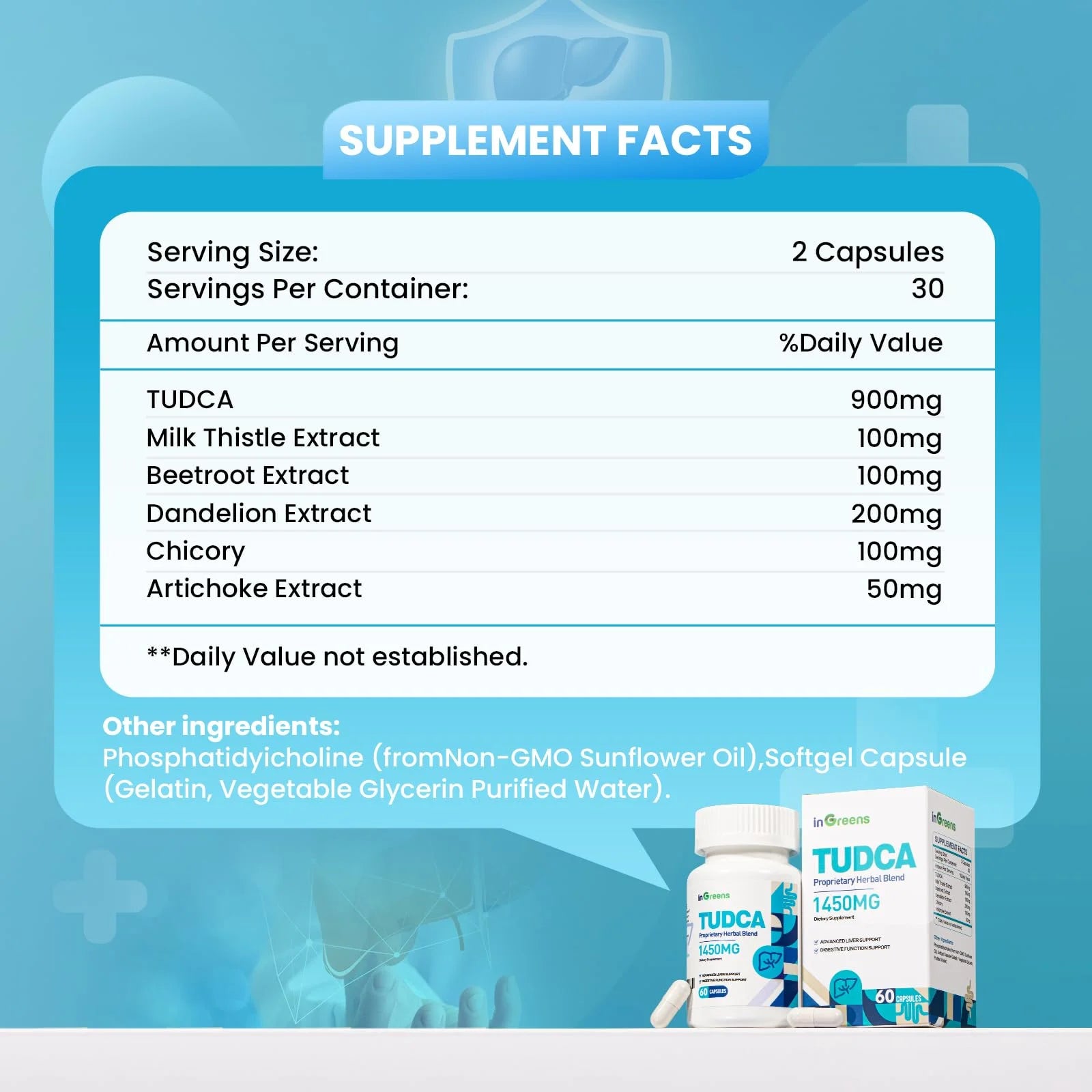 1450MG TUDCA Liver Supplement, Bile Salts Liver Support Supplement Complex, Liver Health for Liver Kidney Cleanse Detox and Repair, 60 Capsules