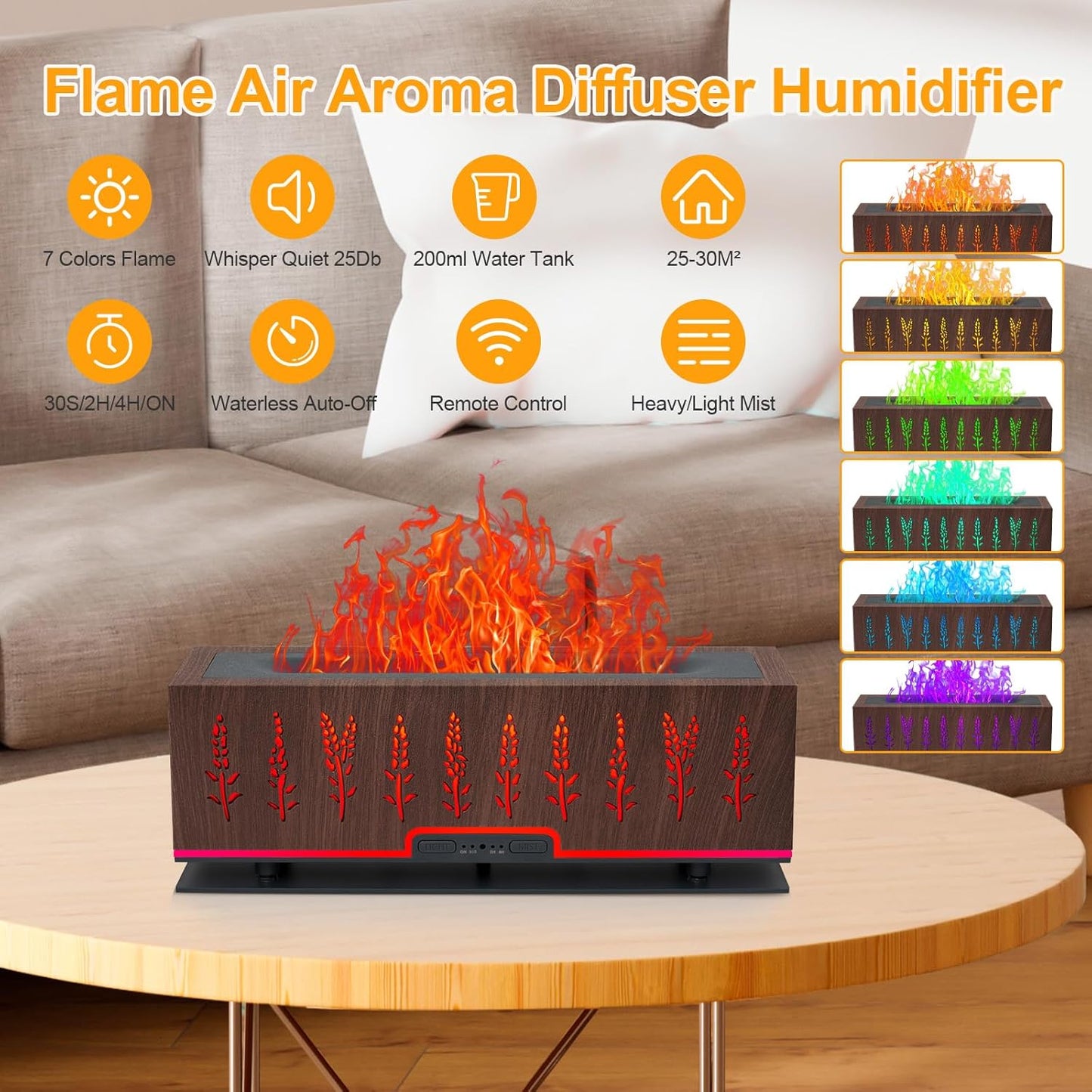 Colorful Essential Oil Diffuser, Flame Oil Diffuser, 7 Colors Changing Oil Aromatherapy Diffuser, 200Ml Cool Mist Ultrasonic Diffuser for Office, Home,Bedroom (Dark Brown)