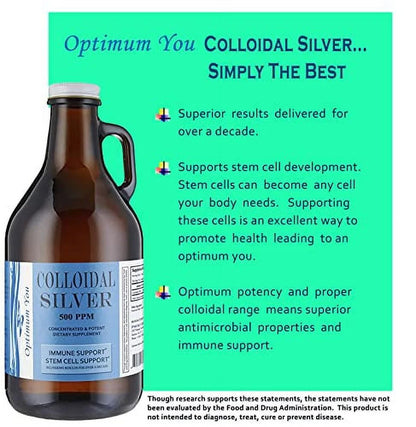 Extra Strength Colloidal Silver by  | 500 PPM (32 Oz) with Spray Bottle - Immune Support - Stem Cell Support - Superior Healing - Family Size