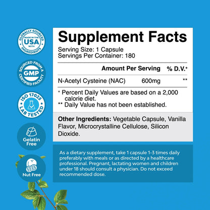 NAC Supplement N-Acetyl Cysteine 600Mg per Serving - Vegan High Absorption Non-Smelly NAC Capsules Glutathione for Liver Support plus Lung Health and Immunity Support (3 Months)