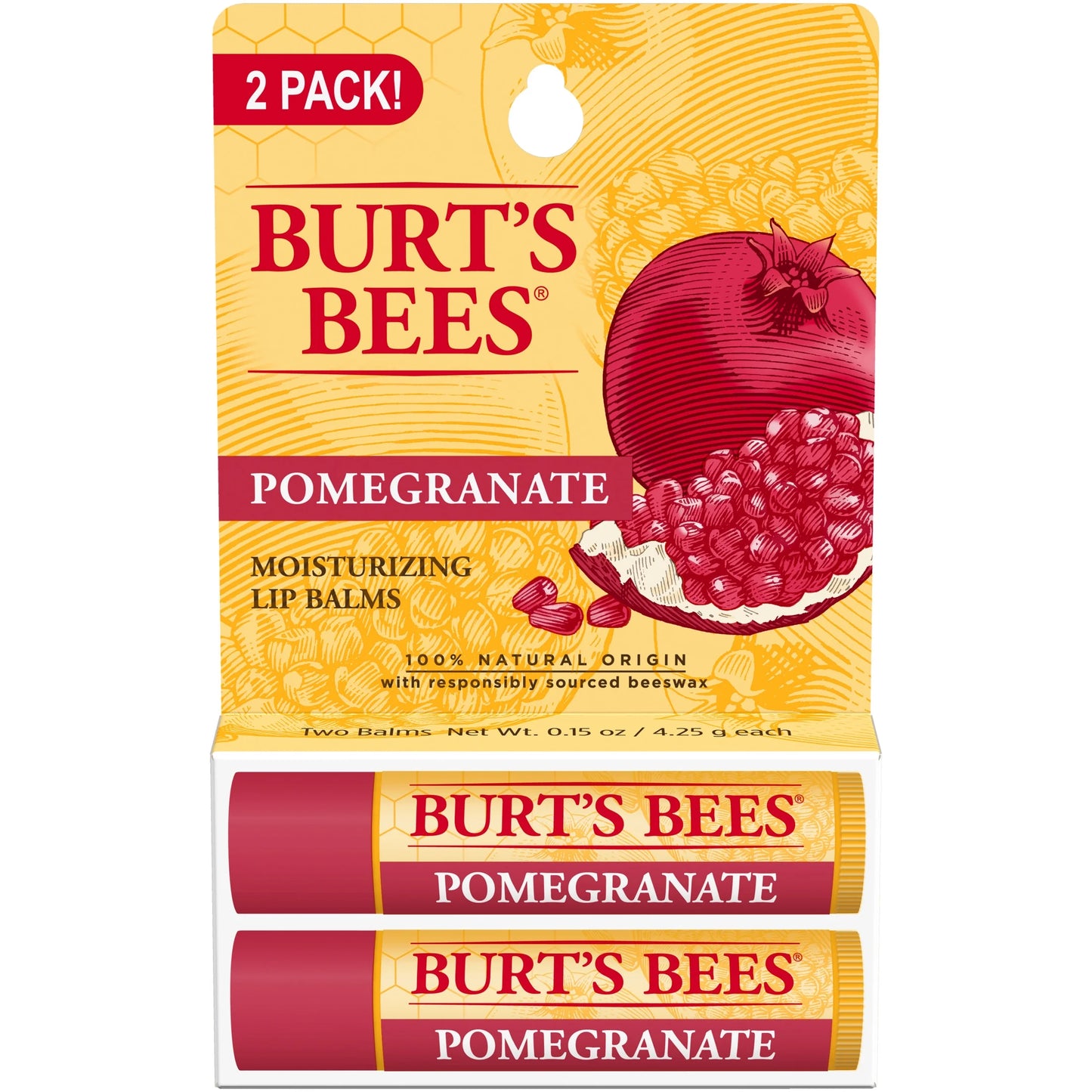 100% Natural Origin Moisturizing Lip Balm, Pomegranate, 2 Tubes
